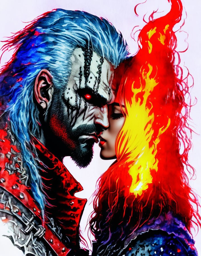 Illustration: Man with Blue Hair and War Paint Faces Woman with Fiery Red Hair in Close Pro