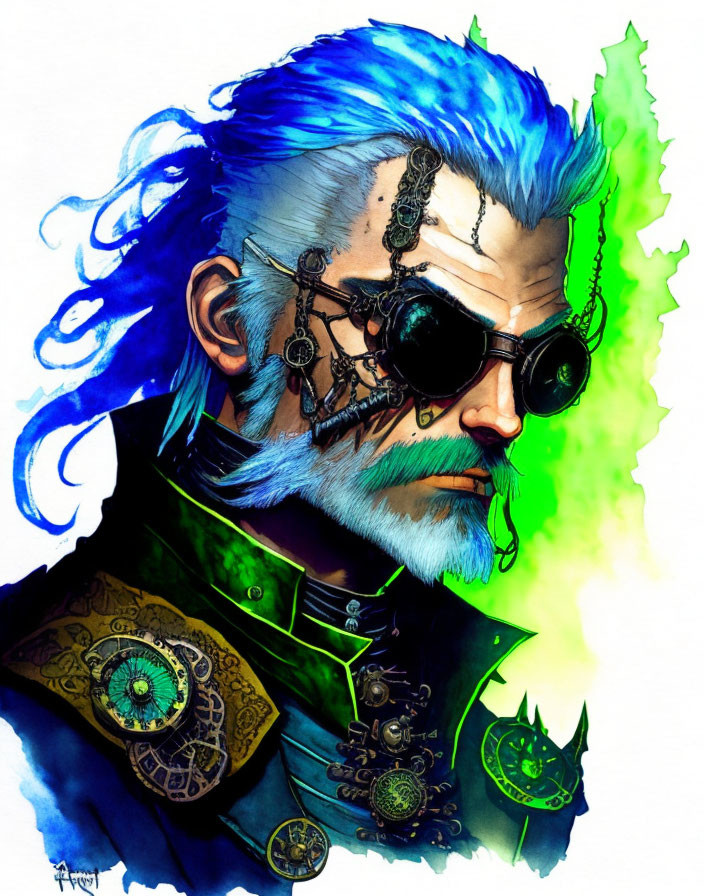 Steampunk-inspired male character with blue hair and mechanical eye.