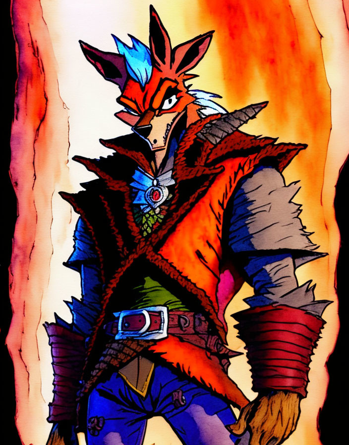 Anthropomorphic fox character in rugged outfit with fiery backdrop