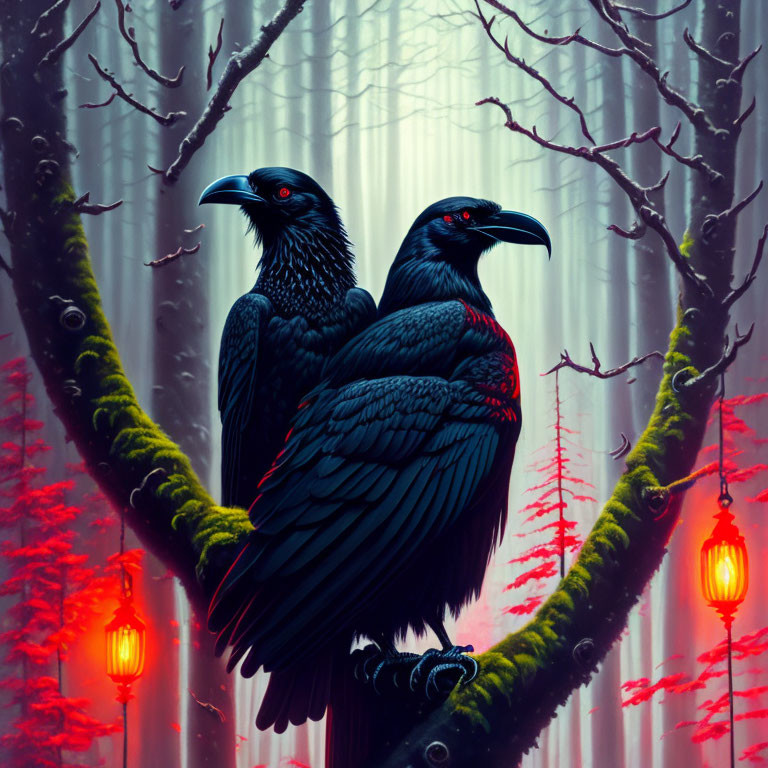 Two ravens on mossy branch in misty, red forest with lanterns