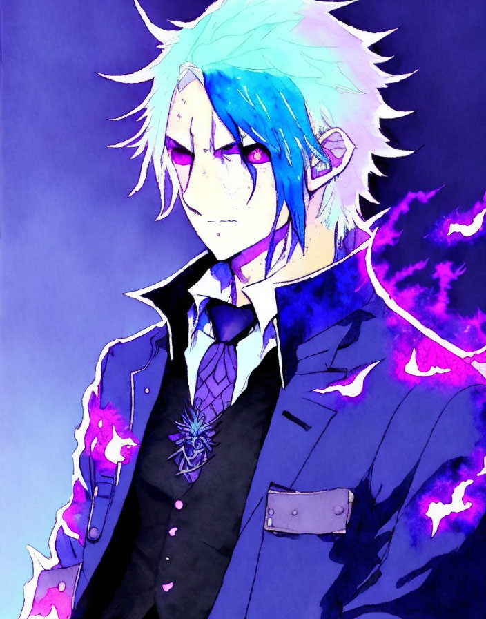 Illustration of person with blue and white hair, dark suit, purple tie, and glowing purple accents