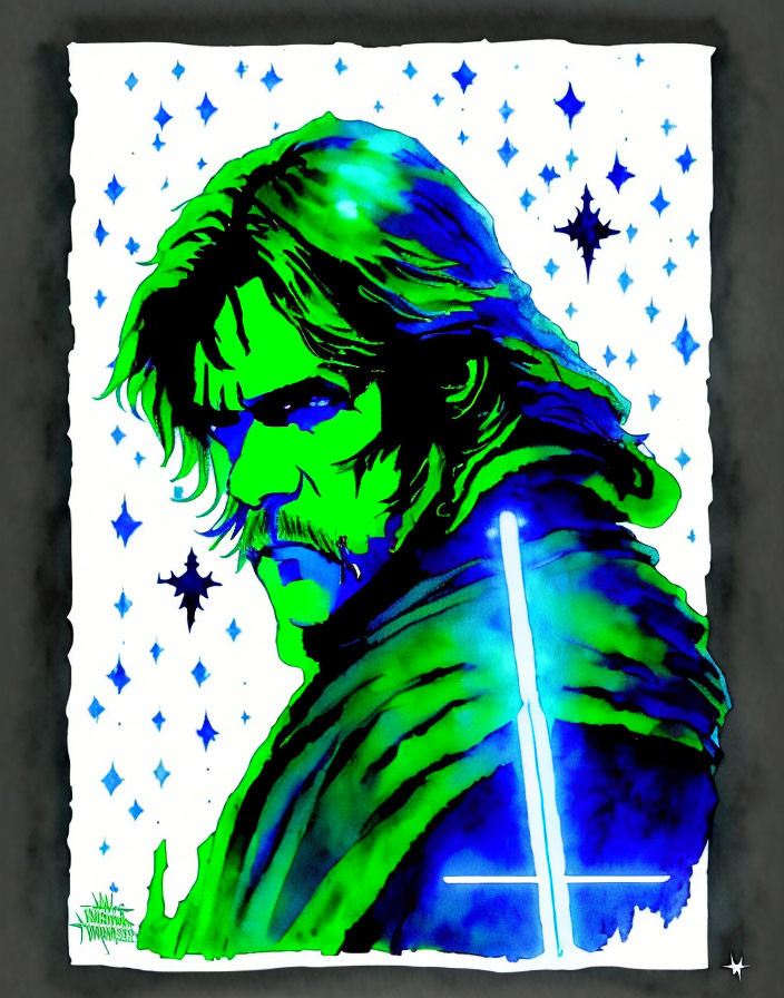 Colorful Male Character with Beard and Blue Lightsaber on Starry Background