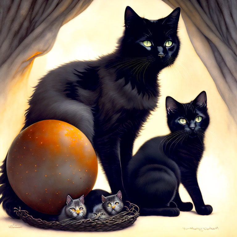 Black Cats with Green Eyes and Orange Sphere, Kittens in Nest