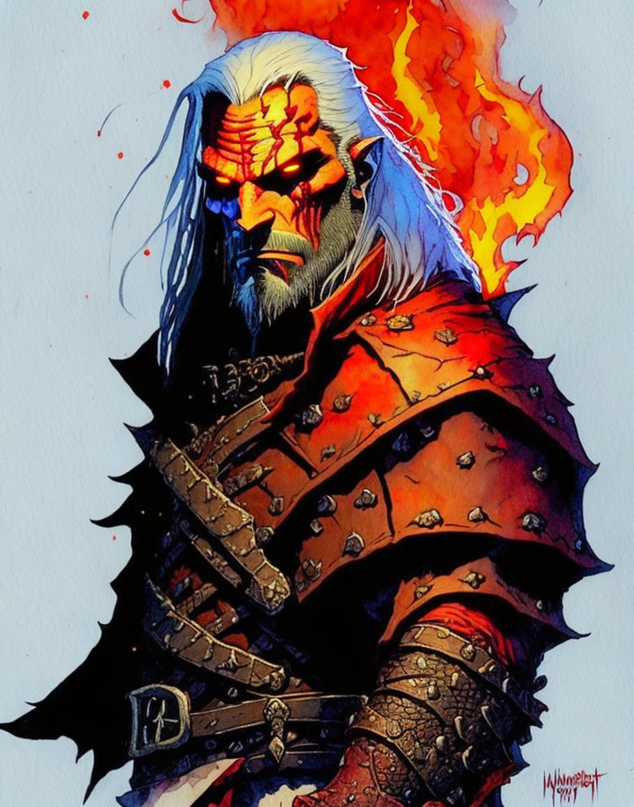 Character with White Hair, Red Eye, Flame Crown, Studded Armor