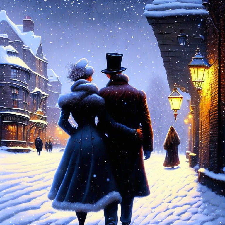 Couple in vintage attire walking on snowy street with gas lamps and falling snowflakes