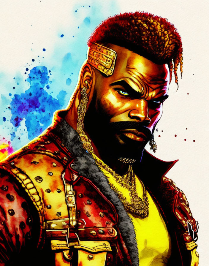 Man with Mohawk, Beard, and Cyberpunk Augmentations in Watercolor Art