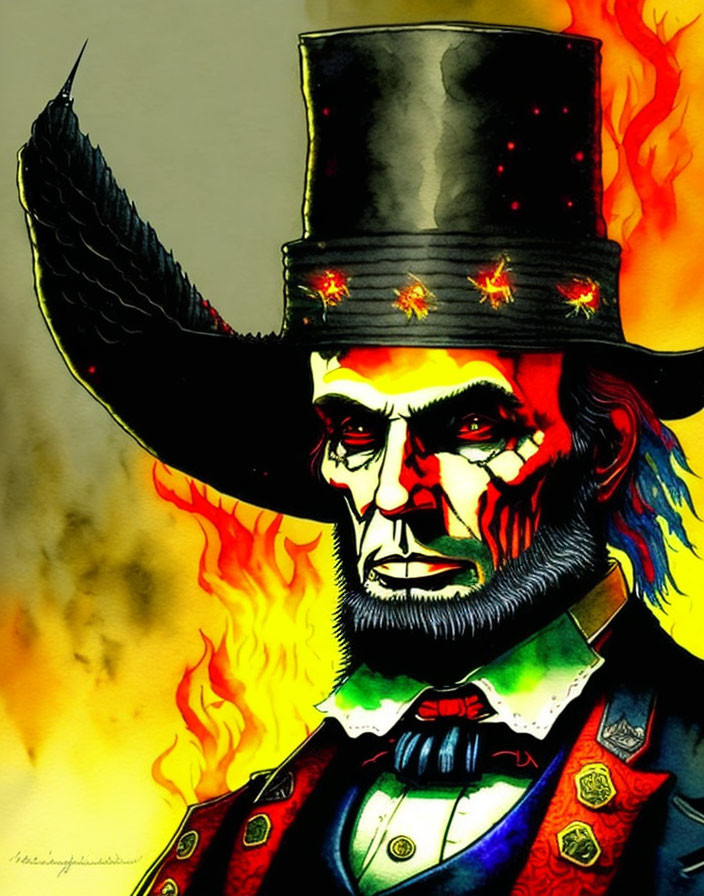 Stylized Abraham Lincoln illustration with fiery background