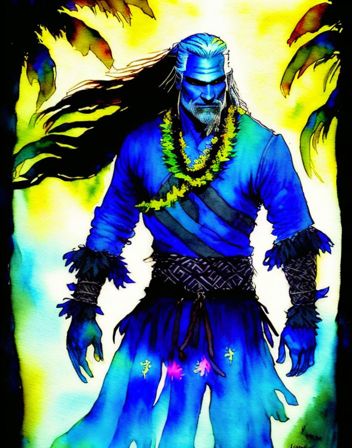 Mystical blue-skinned figure in tribal attire with lei, set in lush green foliage