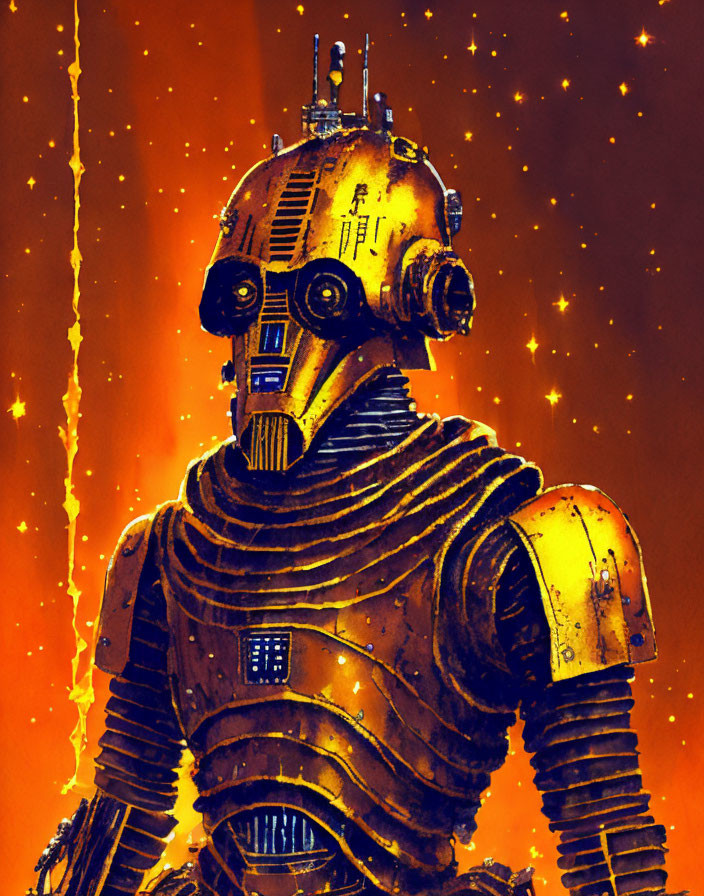 Weathered Gold and Brown Droid in Orange Space with Comet