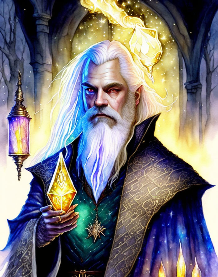 Elderly wizard with white beard and crystal staff in mystical scene