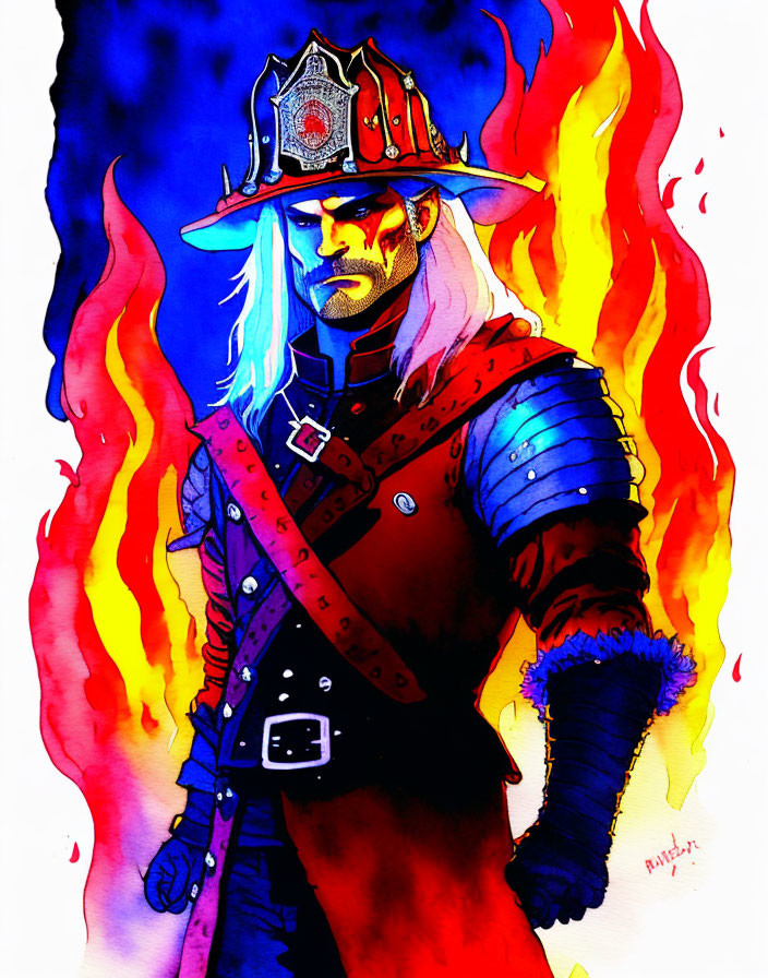 Illustration of fierce character in firefighter's helmet with silver hair against fiery backdrop