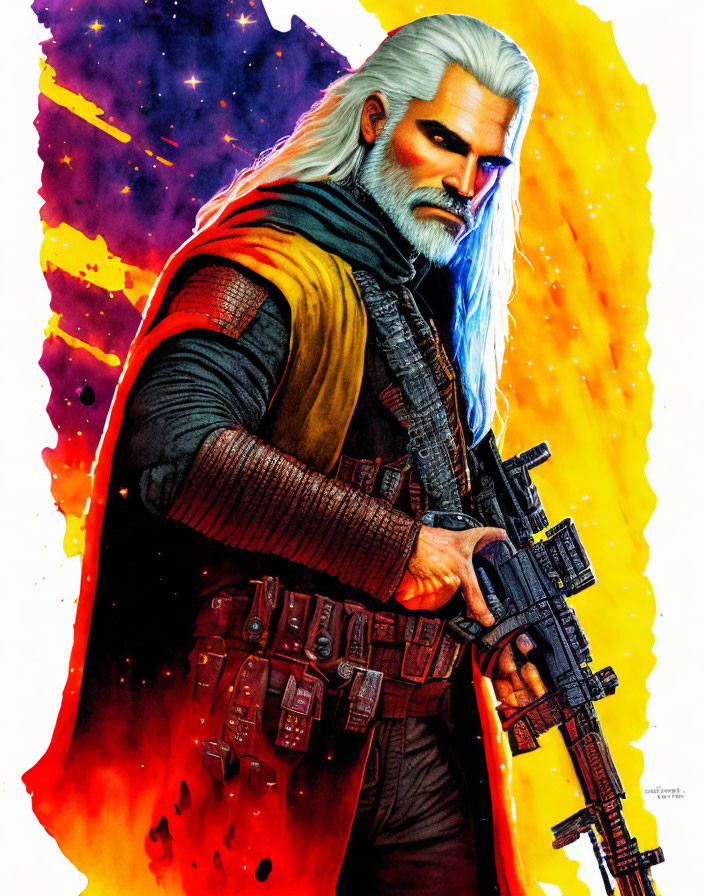 White-haired man with beard holding futuristic rifle in cosmic scene