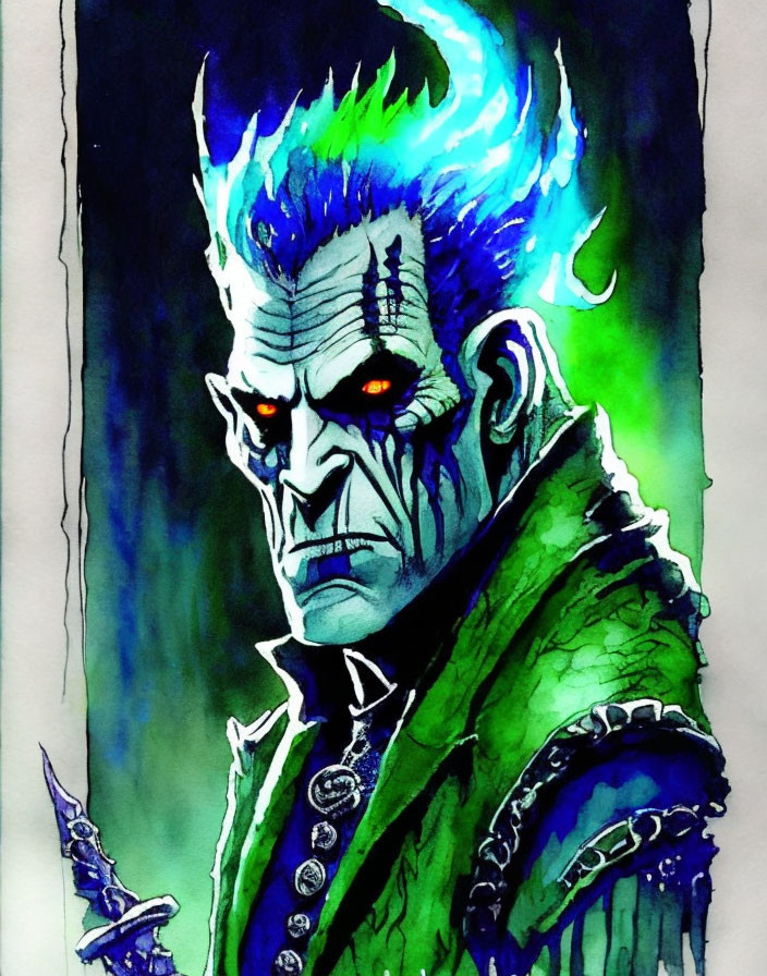 Illustration of stern-faced figure with spiked blue hair and red eyes in green attire