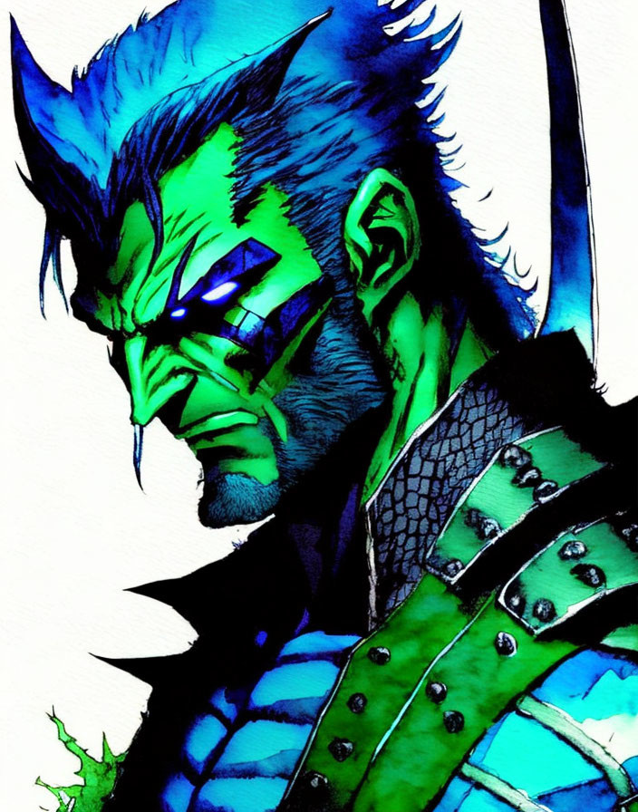 Blue-skinned character with fangs and glowing eyes in green armor