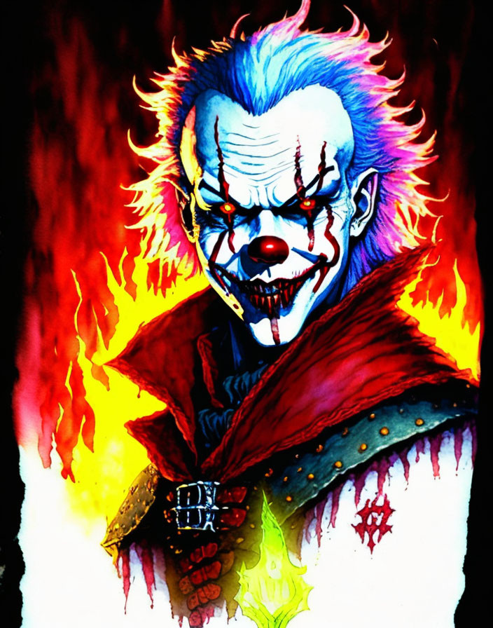 Sinister clown with blue hair and sharp teeth on fiery backdrop