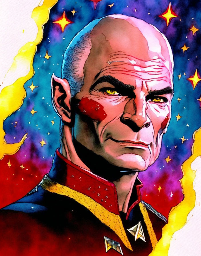 Bald stern-faced character in red and yellow uniform with starry background