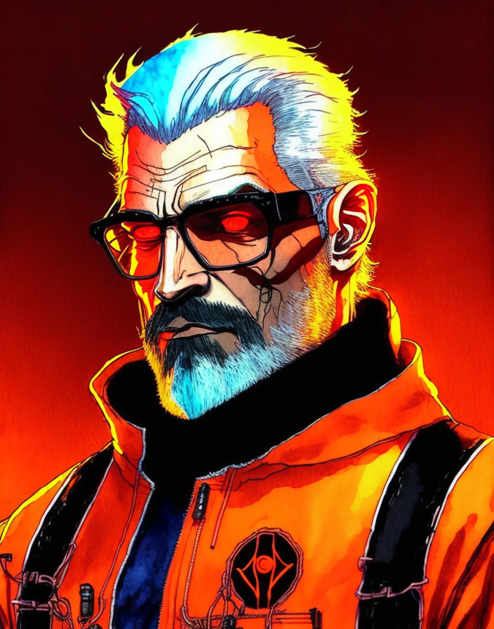 Elderly man with white-blue hair, beard, red sunglasses, and orange jacket with emblem