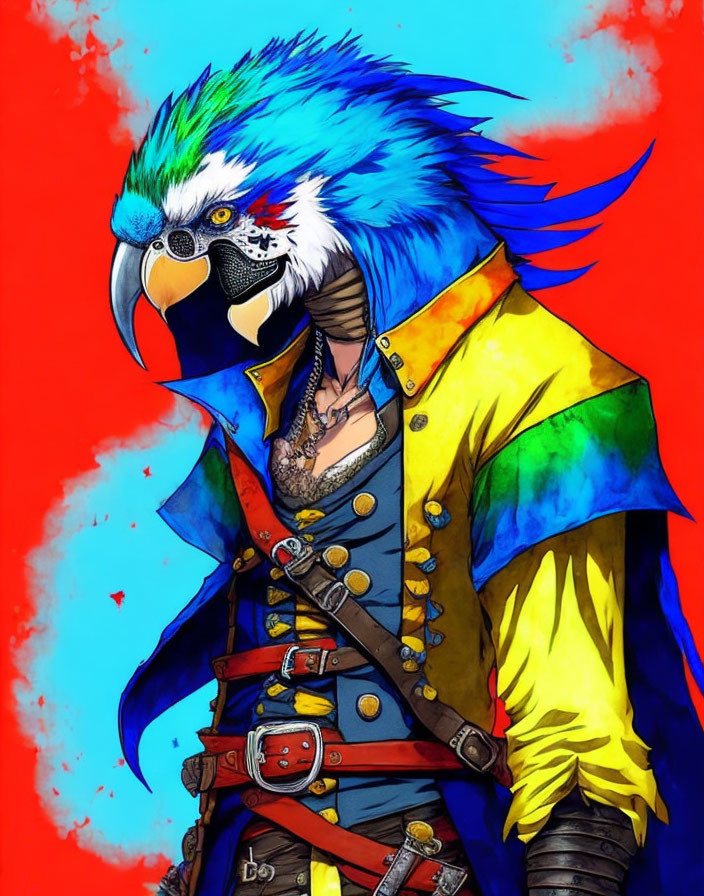 Colorful anthropomorphic parrot in steampunk outfit with goggles, harness, and sash