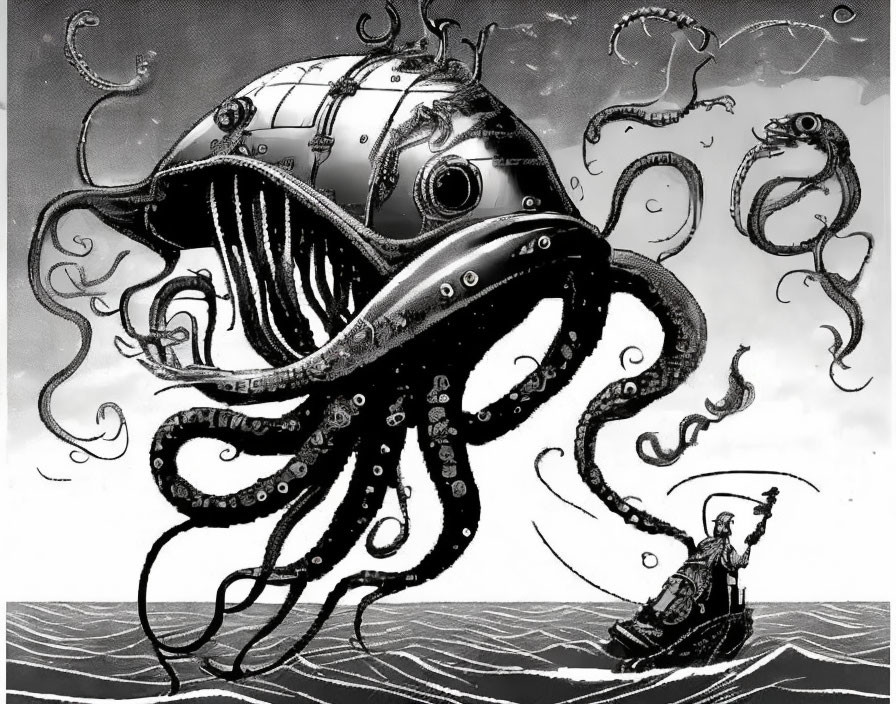 Monochromatic illustration: Giant octopus meets lone sailor on wavy sea