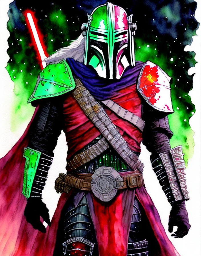 Colorful Mandalorian-style figure with red lightsaber in starry background