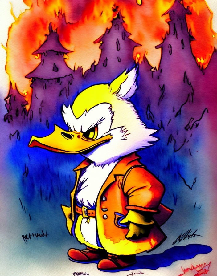 Anthropomorphic duck in red jacket amid intense flames