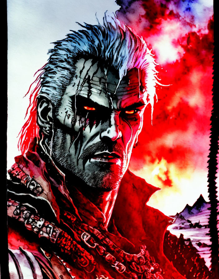 Detailed illustration of scarred man with white hair and red eyes on fiery background