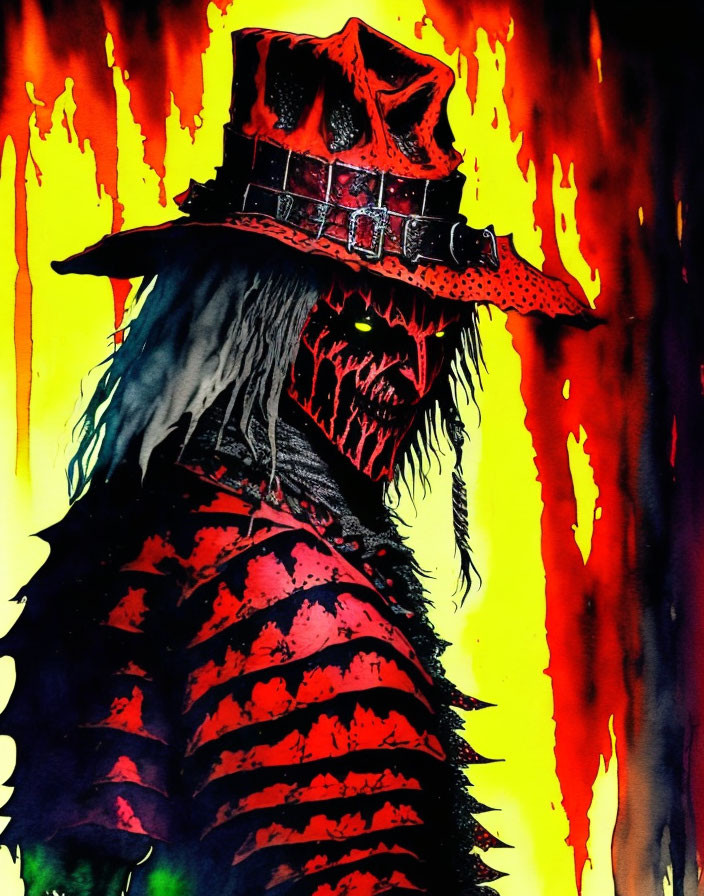 Sinister figure with glowing eyes in hat on fiery background