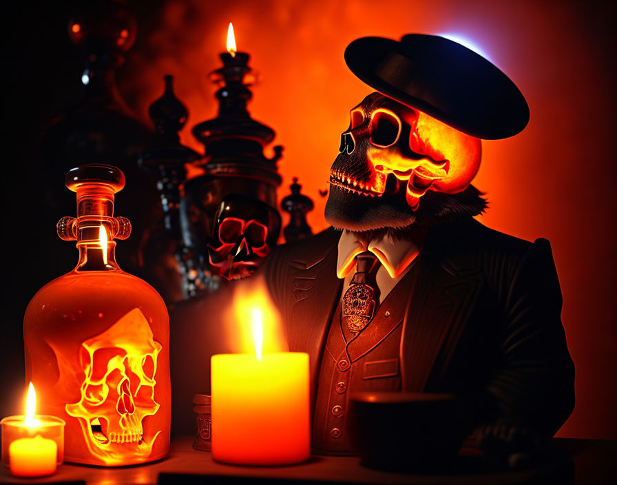 Human skull head in beret and suit with glowing room and skull engraving bottle