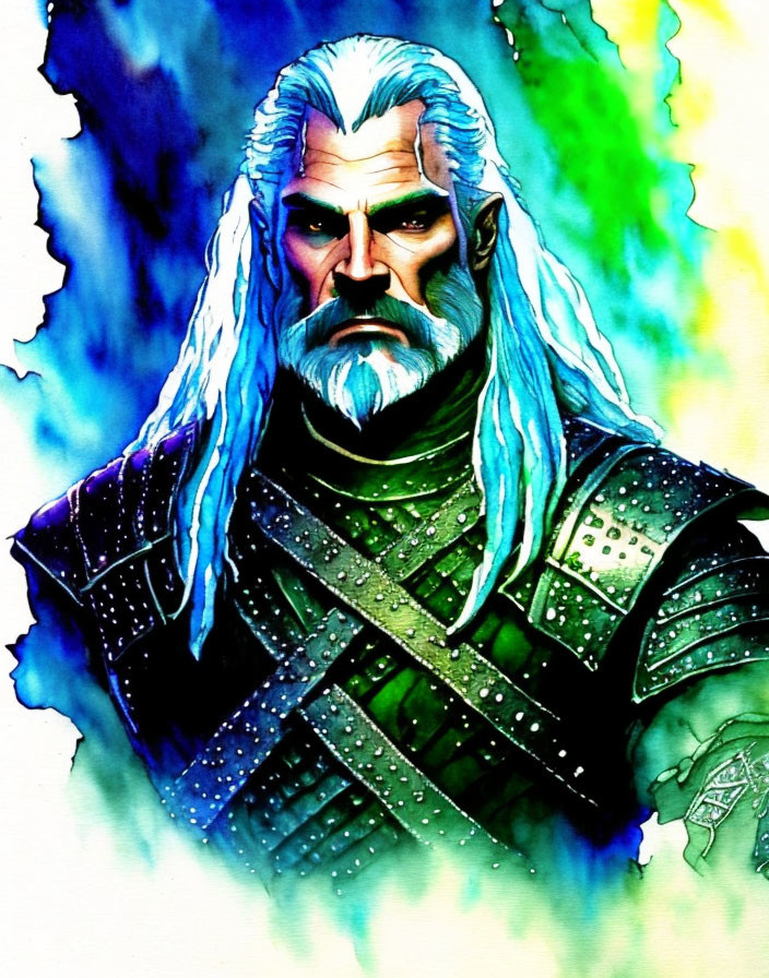 Elderly warrior in green armor watercolor painting