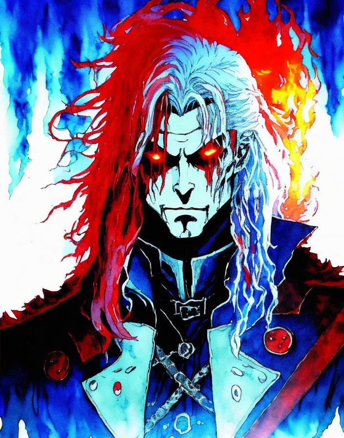 Illustration of a character with long red hair and red eyes in a dark coat with fiery blue aura