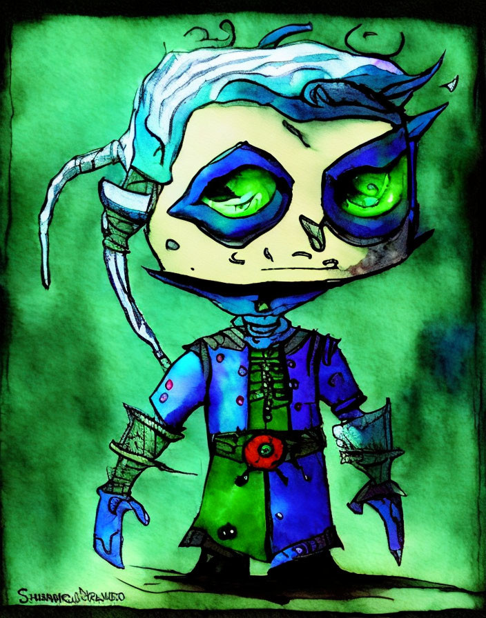 Quirky zombie character with green eyes, stitches, blue outfit, red flower, and hook hand