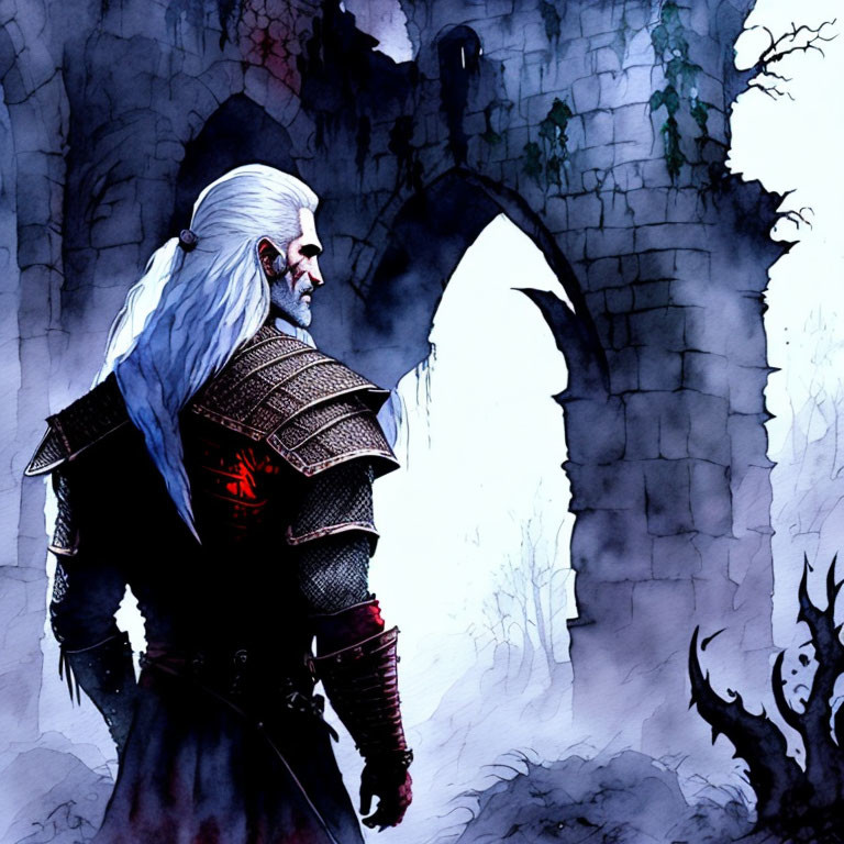 White-Haired Warrior in Medieval Armor Stands Before Castle Ruin