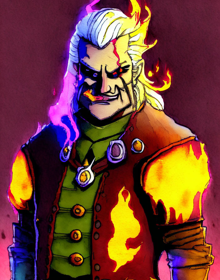 Colorful vest wearing male figure with white hair and flames illustration.