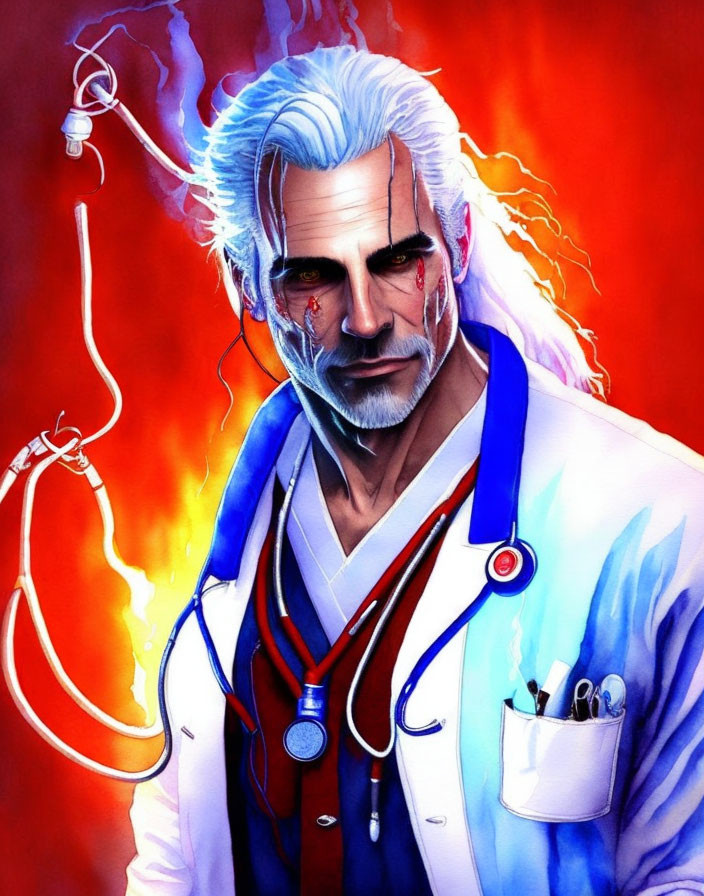 White-haired doctor in coat with medical tools on red background