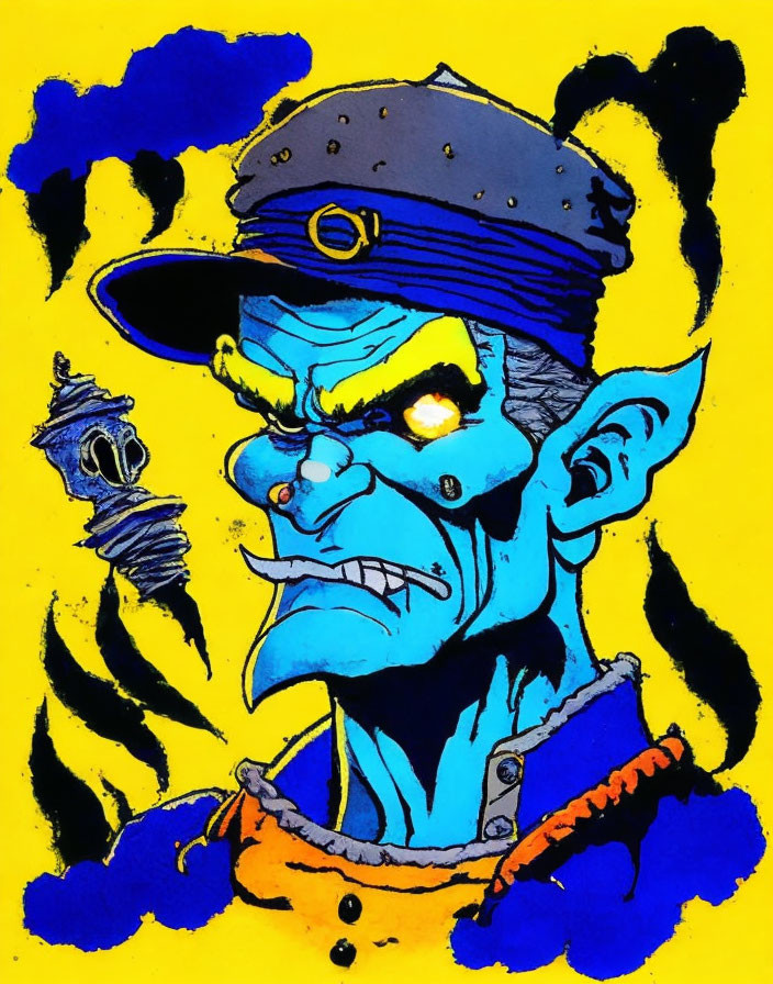 Blue-skinned cartoon character with pointed ears and spiked helmet on yellow background.