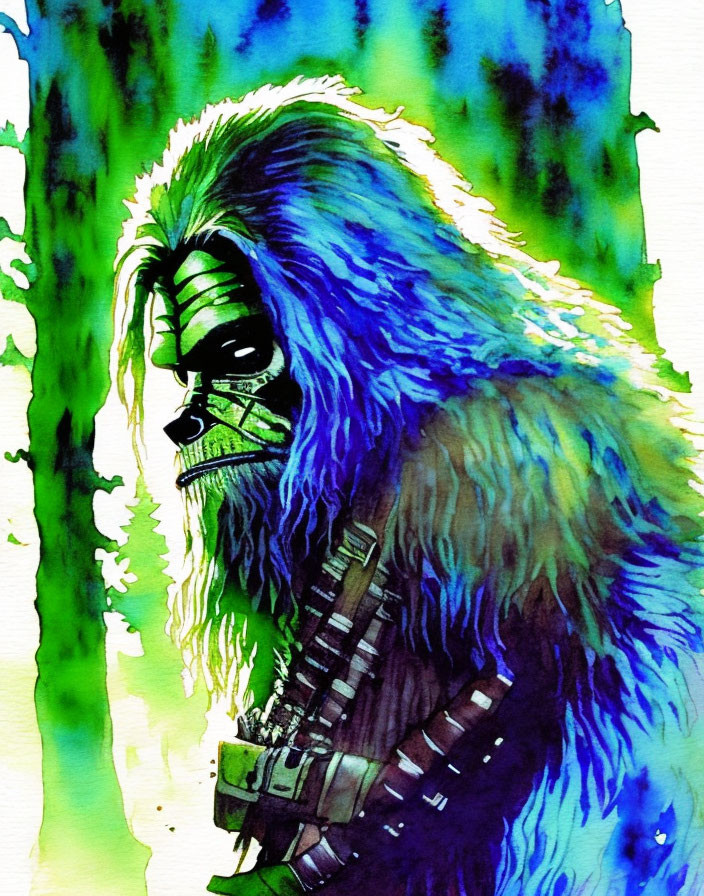 Blue Furry Humanoid Creature with Bandolier in Green and Yellow Forest