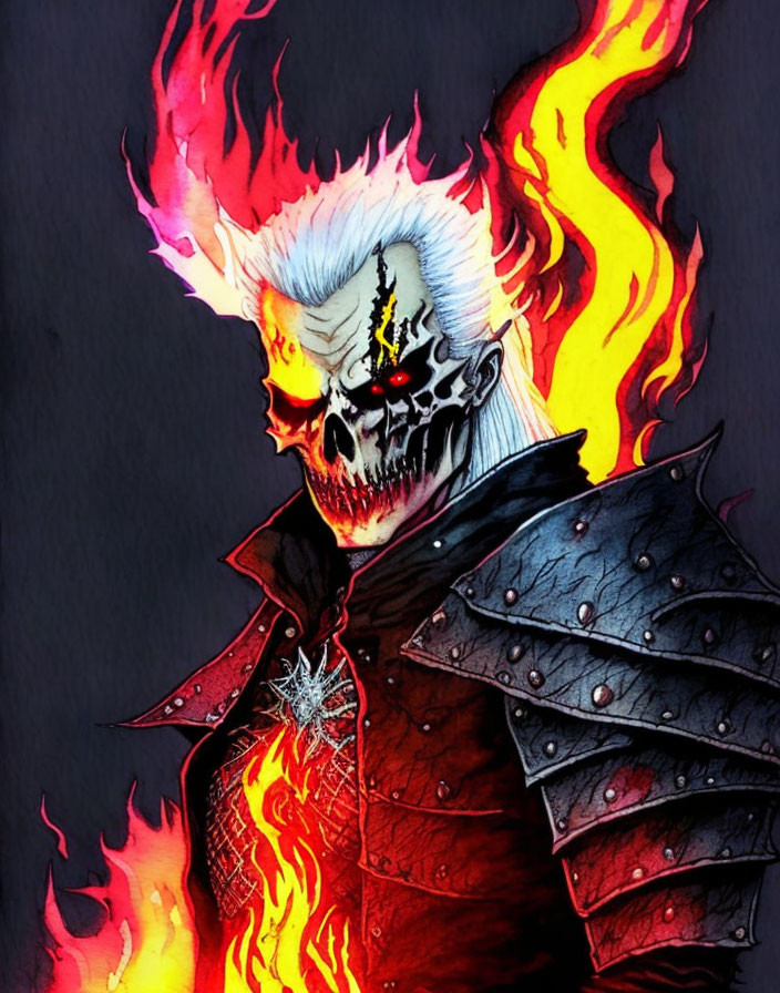 Sinister skull-faced character with flaming hair and red eyes in dark, spiky armor.