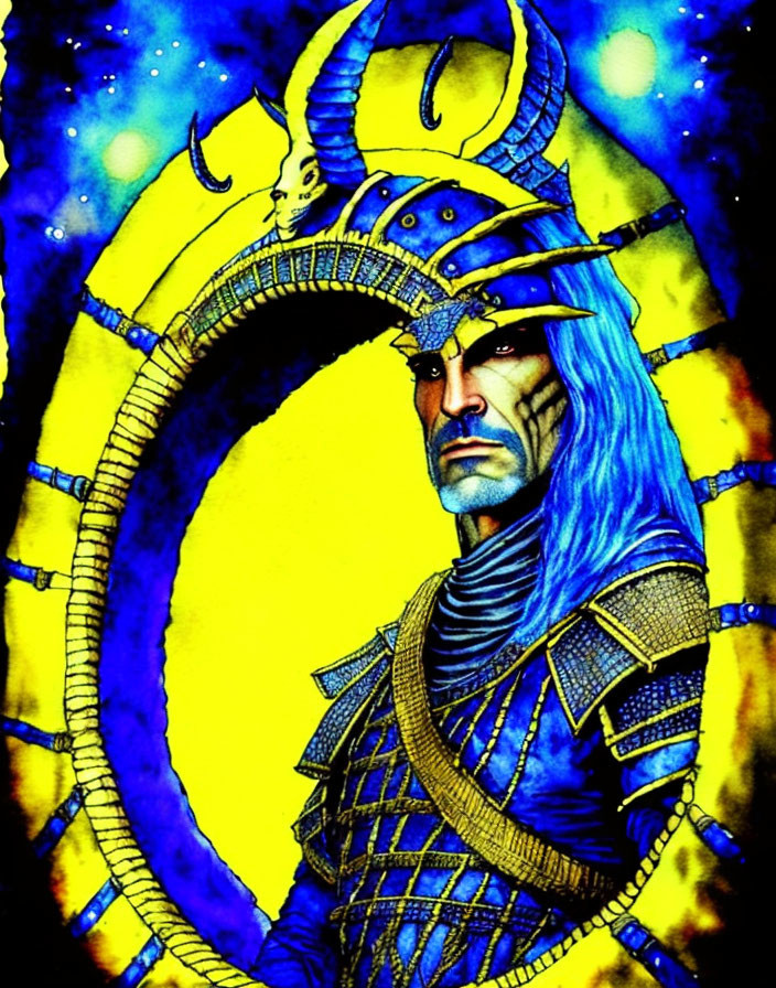 Blue-skinned warrior in ornate armor against crescent motif background