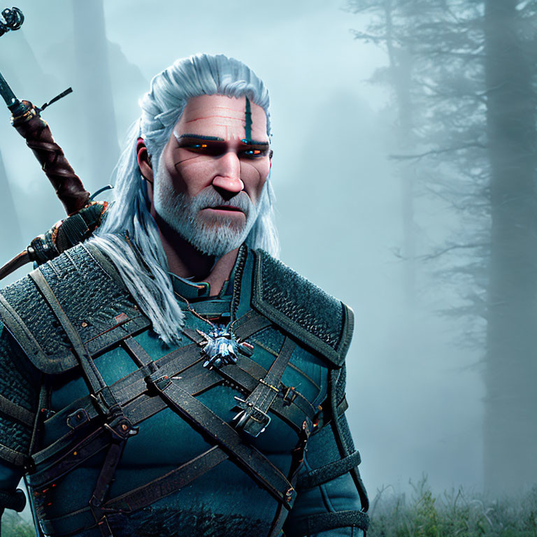 White-haired man in leather armor with scar in misty forest