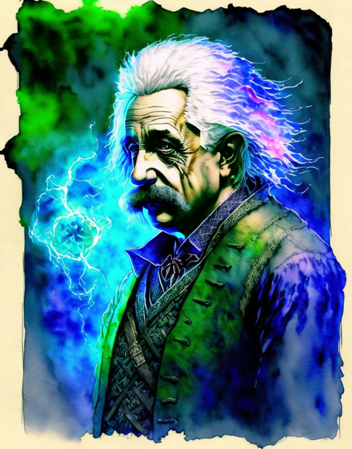 Portrait of man with white hair, mustache, blue and green hues, emitting electricity