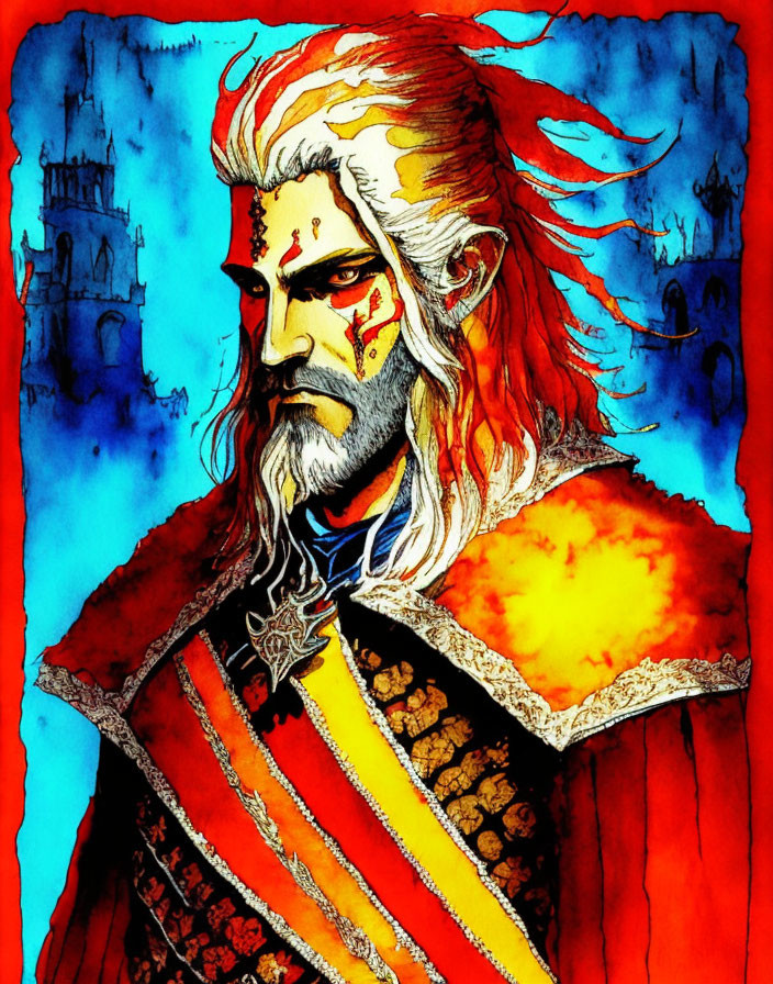 Character with white hair and tribal markings in red and gold cloak against castle backdrop