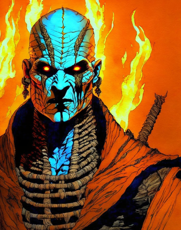 Blue-skinned humanoid with red eyes in fiery setting