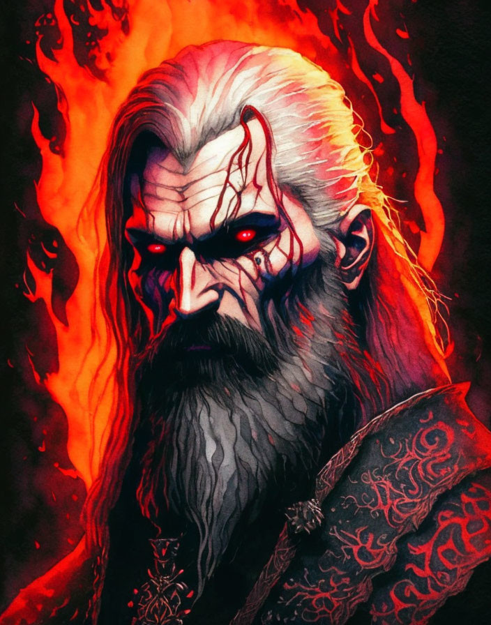 Illustration of stern character with gray hair, beard, red eyes, intricate clothing, in fiery setting