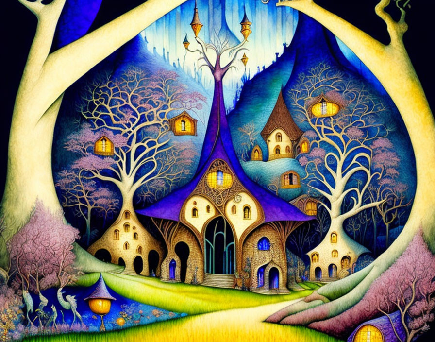 Colorful, Fantastical Forest Illustration with Stylized Trees and Cozy Houses