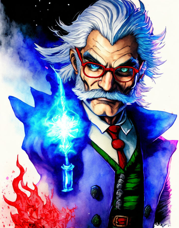 Elderly man with white hair and blue eyes holding glowing blue potion