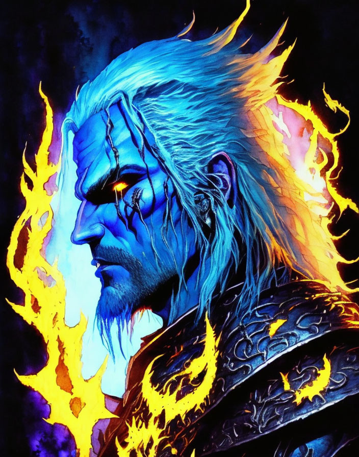 White-Haired Warrior with Glowing Yellow Eyes Surrounded by Flames