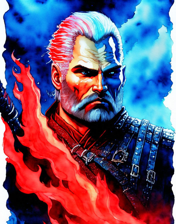 Illustration of stern-faced man with white and red mohawk and studded leather outfit