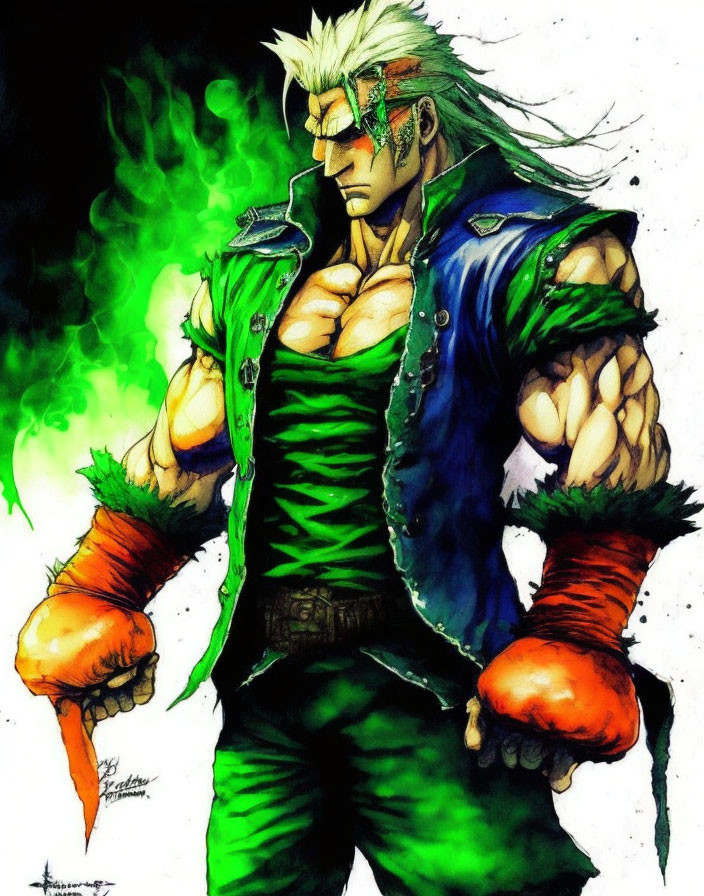 Muscular animated character with green hair and torn blue jacket in red gloves, emitting green aura