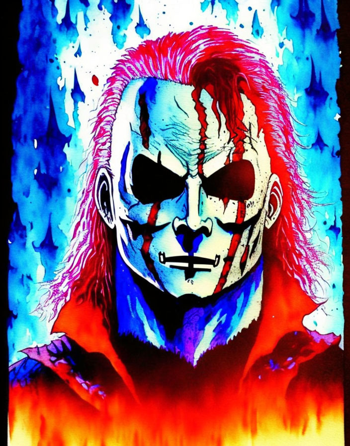 Character with red and white face on blue and purple background