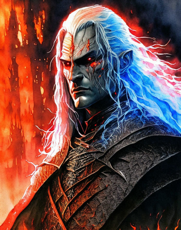 Fantasy character with pale skin, white hair, blue flames, red eyes, and dark armor in